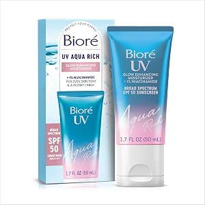Bioré UV Aqua Rich Glow Enhancing Moisturizer with SPF, Daily Moisturizer with SPF 50, 1% Niacinamide Facial Sunscreen,